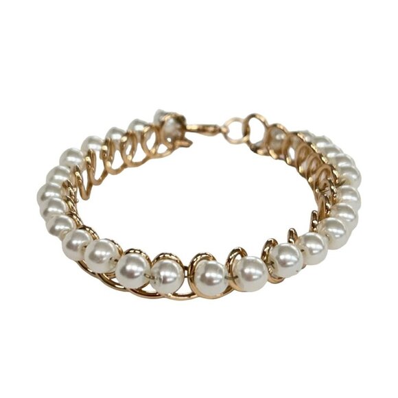 Faux Pearl Goldtone Bracelet Lobster Clasp Swirl Setting  6.5-7.5" - Picture 1 of 6